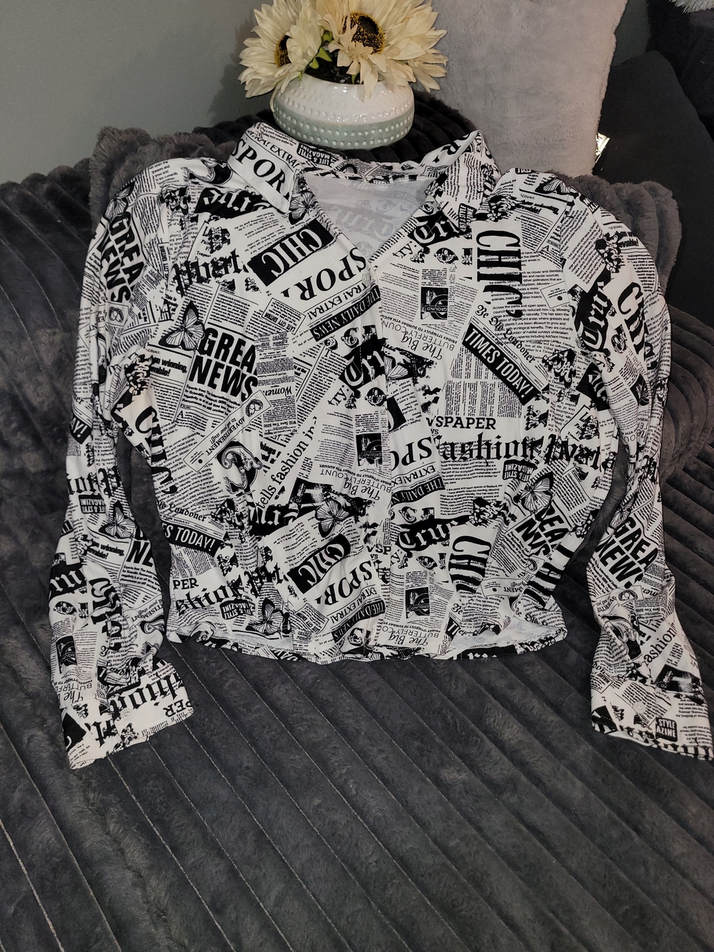 Unk Black & White Newspaper Print Button-Down Shirt